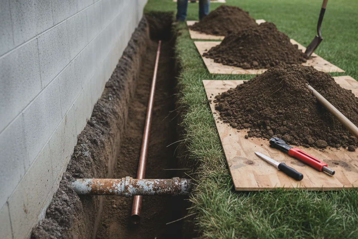 Excavated water line trench during Water Heater Repair in Alamo